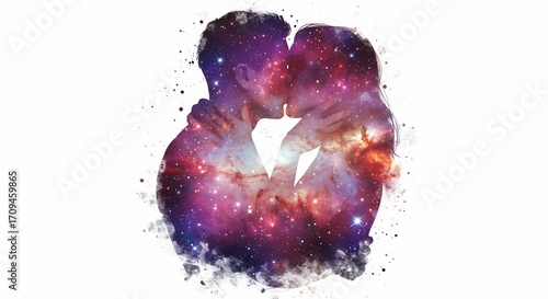 宇宙輝く恋人たち 静かに抱き合う 神秘的シルエット. AI Generated