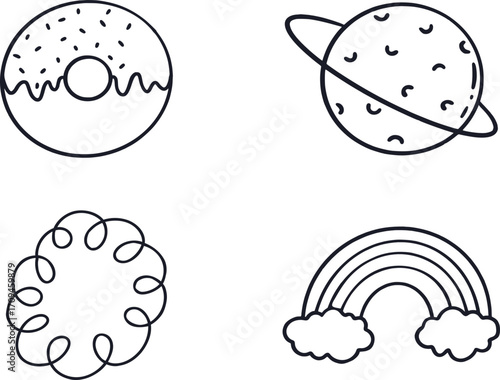 Doodle set of donut, planet, cloud and rainbow isolated on white background