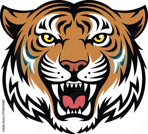 Fierce roaring tiger head illustration, bold black stripes, yellow eyes, teal accents, powerful mascot logo design for sports, branding, merchandise