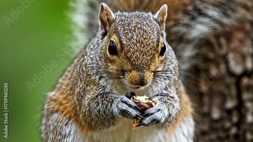 Intimate close-up of a grey squirrel actively nibbling a nut, conveying natural foraging behavior and woodland charm.