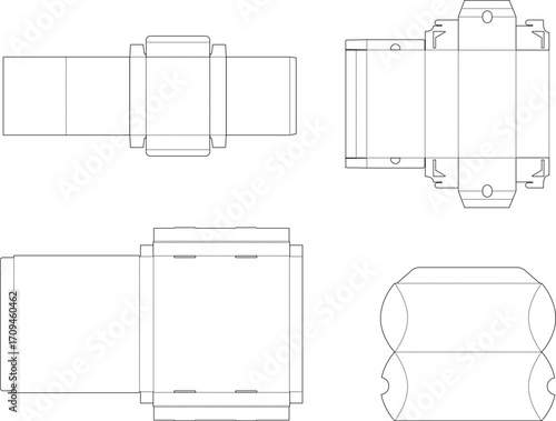 Packaging design templates, with various box styles, on white background, line art illustration, for branding and product packaging
