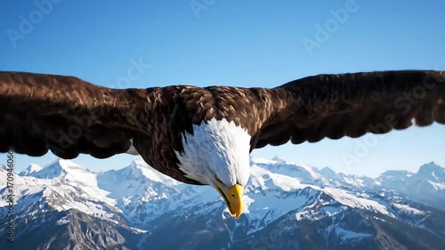 Majestic eagle soaring over snow-capped mountains, symbolizing freedom and power in nature's grand expanse.