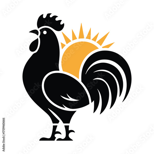 Black Rooster Silhouette with a Rising Sun - Farm Animal and Morning Icon
