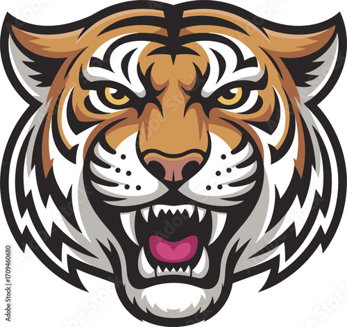 Fierce tiger head illustration, roaring wild cat mascot, aggressive predator face, bold stripes, sports team logo, wildlife power symbol design