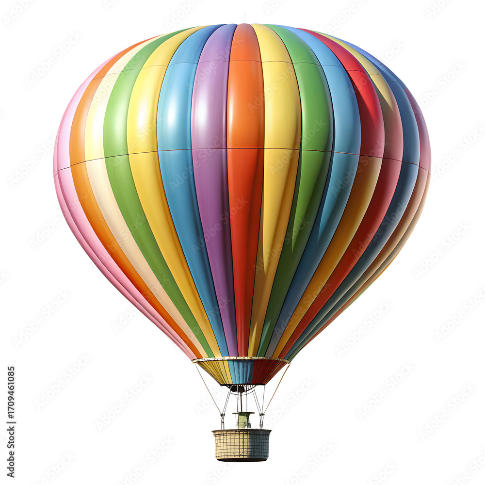 Fototapeta premium A vibrant, multicolored hot air balloon isolated on a transparent background, symbolizing adventure, travel, and freedom in the sky