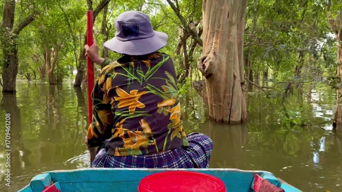 Cambodian woman back view travelling in a small boat through the mangrove forest at Tonle Sap lake in Sien Reap