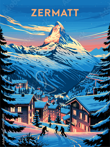 Retro ski poster of Zermatt, Switzerland featuring Matterhorn, rustic alpine town, glowing cabins, fir trees, and skiers in motion. Vintage travel illustration in stylized design