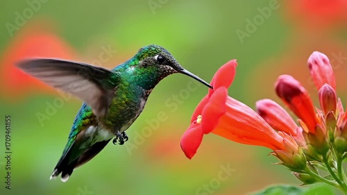 Captivating hummingbird in flight sips nectar from vibrant orange trumpet flower, a moment of natural wonder
