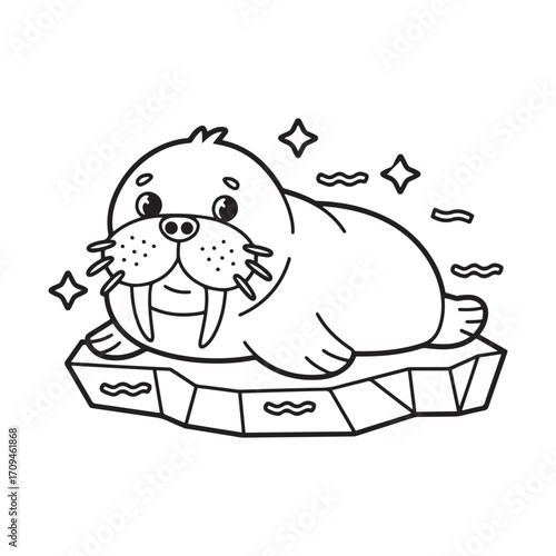 Adorable Cartoon Walrus Lying on an Ice Floe - Fun and Simple Coloring Page