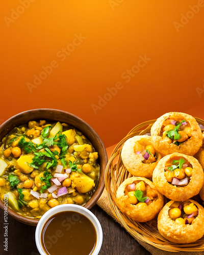 Indian Street Food Pani Puri with Spicy Chana Filling and Tamarind Chutney , Fuska & Chotpoti