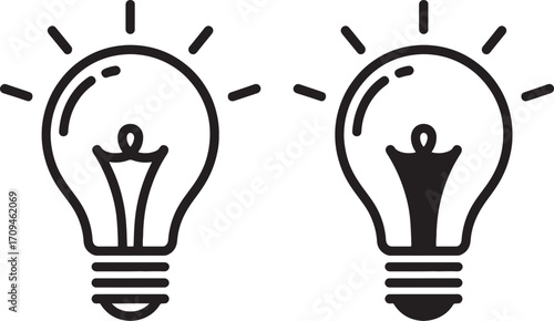 Light bulb icons, with light rays, on white background, line art style, for innovation and ideas