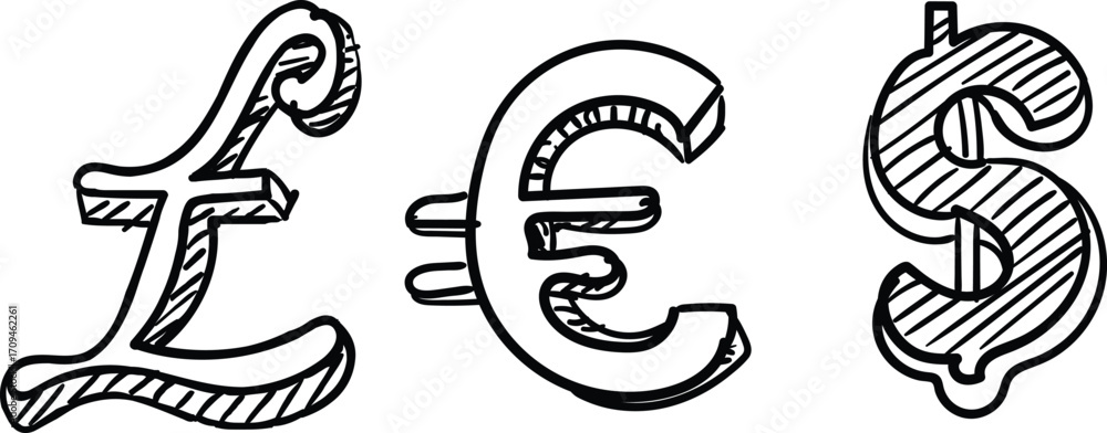 Obraz premium Pound, Euro, and Dollar signs with hand-drawn style, on white background, black and white sketch illustration, for finance and currency concepts