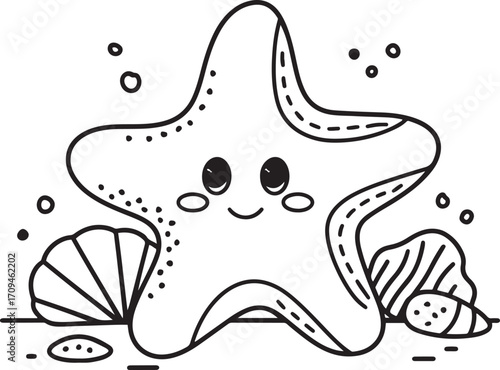 Happy Cartoon Starfish on the Seafloor with Shells and Bubbles - Fun Coloring Page