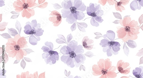 Watercolor Floral Pattern: Pink and Purple Flowers on White.