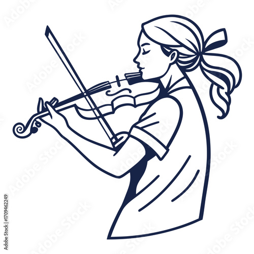 Female Violinist Playing Music Line Drawing Vector Illustration