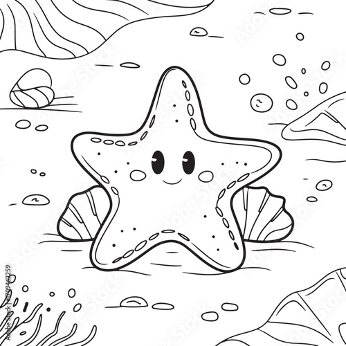 Cute Starfish on the Ocean Floor with Bubbles and Shells - Fun Coloring Page