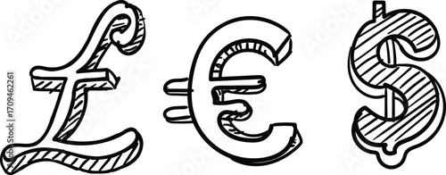 Pound, Euro, and Dollar signs with hand-drawn style, on white background, black and white sketch illustration, for finance and currency concepts