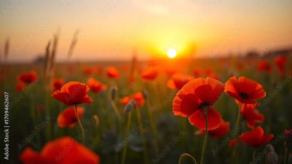 Obraz premium A serene sunset field filled with vibrant red poppies, bathed in warm golden light.