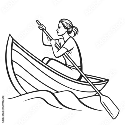 Female rowing boat outline vector illustration, woman paddling canoe outdoor water sport art