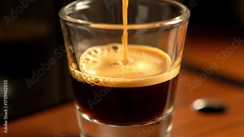 Rich espresso stream pouring into glass creating perfect crema, capturing morning ritual bliss
