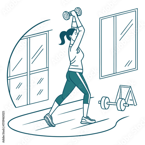 Female fitness workout vector illustration, woman lifting dumbbell in gym exercise pose