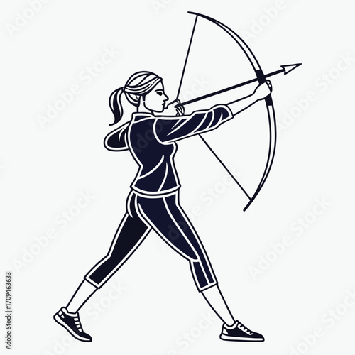 Female archer shooting bow and arrow vector illustration, strong woman in archery sport