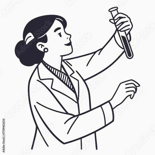 Female scientist in lab coat holding test tube vector illustration, woman researcher experiment