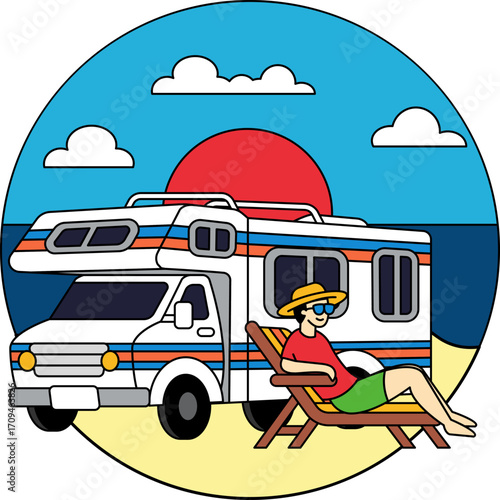 A camper van is on the beach and a man is sitting on a beach chair.