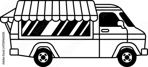 black and white illustration of a food truck