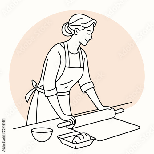 Female Making Roti in Kitchen with Rolling Pin – Cooking Illustration Vector