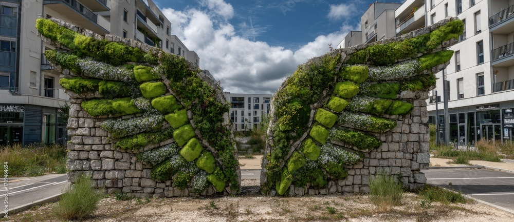 Fototapeta premium Large stone wall adorned with lush green plants