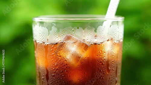 Refreshing iced beverage with condensation on glass, perfect for summer refreshment and relaxation moments.