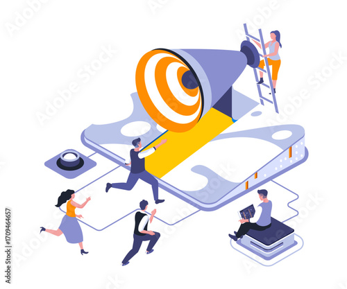 Commercial financial vector graphics A target symbol on a device with people working around it, ladders, and tech elements, in blue, orange, and gray isometric style