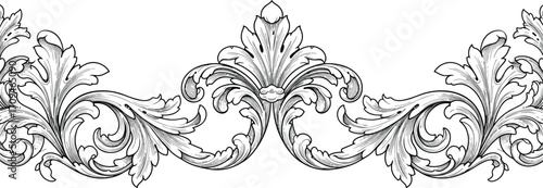 Ornate symmetrical floral ornament, vintage decorative scrollwork, intricate leaf motif, classical black and white design, elegant architectural border illustration, vector engraving