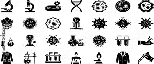 Microbiology Solid Icons Vector Set - Science, Cells, Virus, Lab Research filled illustration