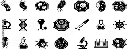 Microbiology Solid Icons Vector Set - Science, Cells, Virus, Lab Research filled illustration