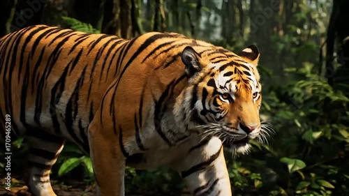 Majestic tiger prowls through dense, sun-dappled jungle foliage with intense focus