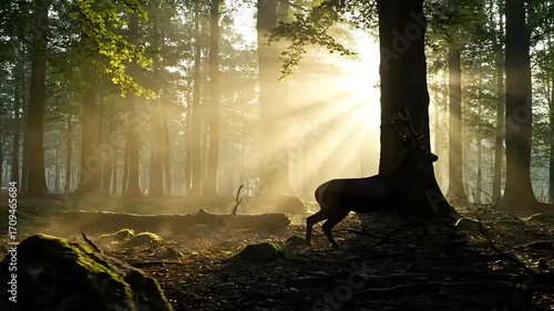Majestic stag strides through sun-drenched forest, dust motes dancing in golden light beams