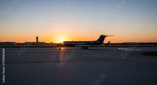 Sunset Jet Plane on Runway.