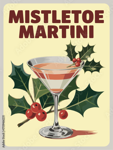Retro mid-century cocktail poster, gouache martini painting with holly garnish, warm Christmas vibes, festive wall art, perfect for bar, kitchen, or holiday décor