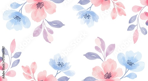 Watercolor Floral Arrangement with Pink Blue and Purple Flowers.