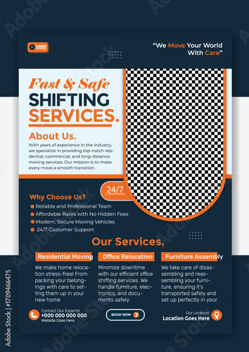 Man carrying boxes for fast and safe shifting services flyer template
