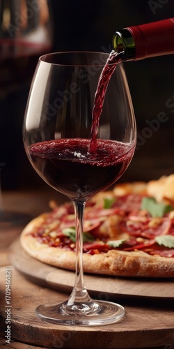 Red wine poured into glass beside delicious pizza on wooden table