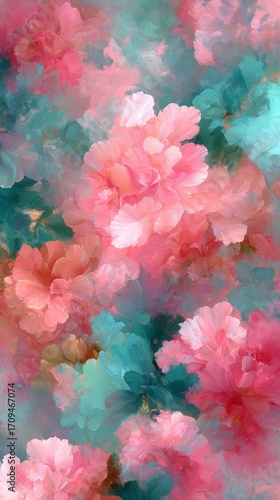 Abstract Pink and Teal Floral Painting: Soft, Romantic, Impressionistic Style