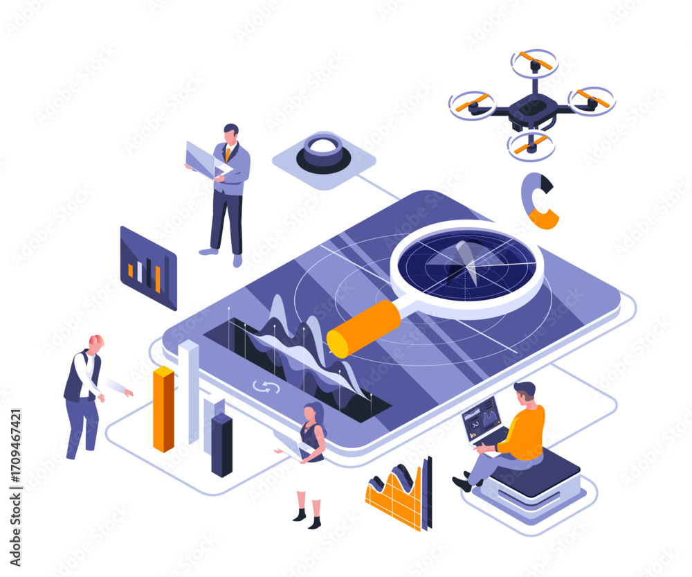 Commercial financial vector graphics A group of people interacting with a large digital device, a drone, and various tech - related elements, all in an isometric style with a color palette of blue, or