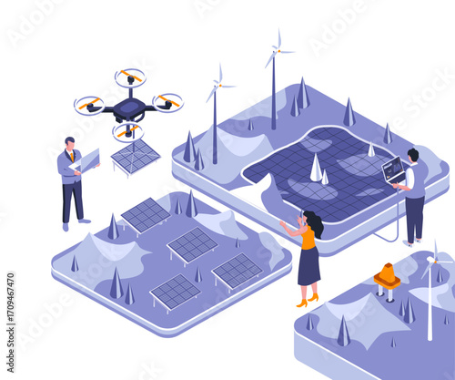 Common equidistant three-dimensional vector graphics An isometric scene with drones, wind turbines, solar panels, and people working, in blue, yellow, and gray