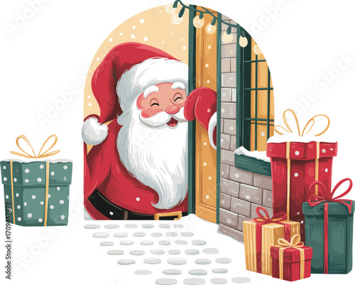 Santa Claus at festive Christmas window with gifts, snow, holiday lights, winter celebration, cheerful holiday season, magical festive atmosphere