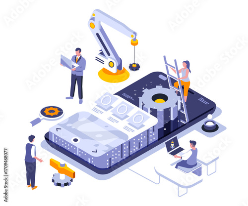 Common equidistant three-dimensional vector graphics An isometric scene with a robotic arm, a mechanical structure, and people working, in blue, yellow, and gray