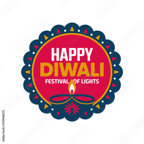 Happy Diwali badge, festival of lights seal, scalloped border circle, floral decorations, bright festive greeting, editable vector design