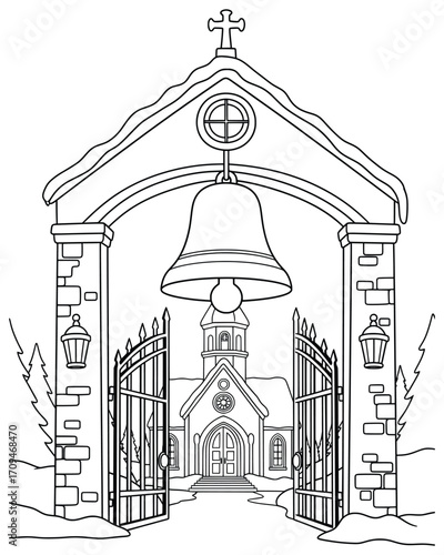 Christmas bells vector illustration featuring a large bell above church gate with open entrance leading to chapel building decorated in festive winter holiday style